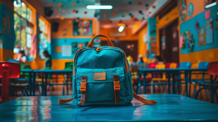 Vibrant school backpack on desk with classroom of children in blur   back to school conceptの素材