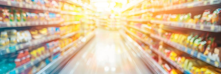 Blurred, bright interior of a large open grocery store with out of focus elementsの素材