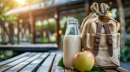 Back to school  apple and glass of milk in lunchbox on table with blurred backgroundの素材