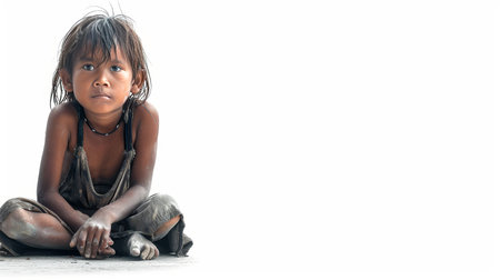 Portrait of Young dirty Girl, Isolated on White Background. Poverty and Innocence Conceptの素材