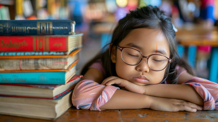 Tired Young Girl Sleeping on Stack of Books Exhausted Student After Studying. Back to School conceptの素材