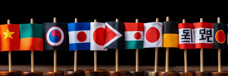 International business symbolism  array of various country flags displayed in a rowの素材