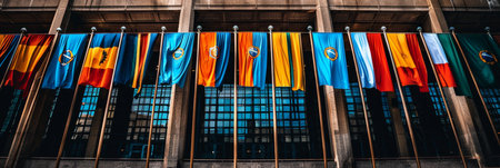 Row of international flags representing global business concept for enhanced search relevanceの素材