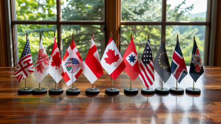 Row of international flags representing global diversity in business environmentの素材