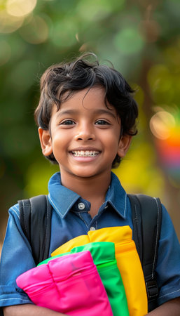 Cheerful child carrying vibrant school bag, blurred backgroundback to school conceptの素材