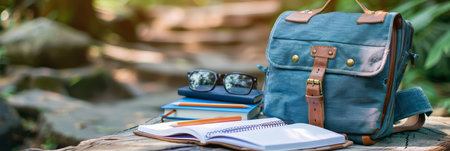Vibrant school backpack on desk with supplies, blurred backgroundback to school themeの素材