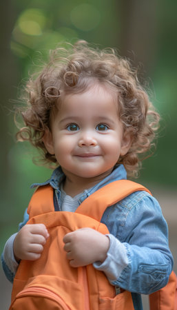 Happy kid with colorful school bag, blurred backgroundback to school concept for educational themesの素材