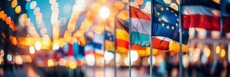 Row of international flags displayed in a row symbolizing global business conceptsの素材