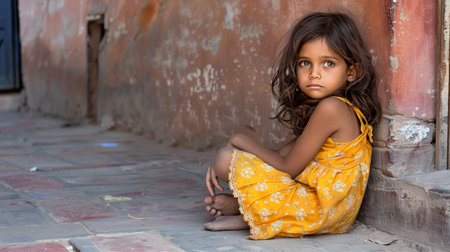 A Portrait of Hope and Despair Young Indian Girl Huddled in a Doorway Seeking Solace. Space for textの素材