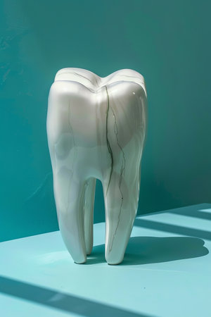 Bright white healthy tooth symbolizing dentistry concept on solid background, dental health themeの素材