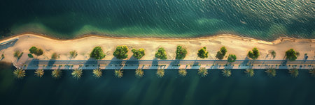 Aerial perspective of sunlit sandy beach with tall palm trees during a stunning sunset sceneの素材