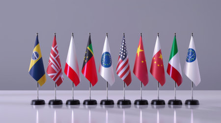 Row of various country flags displayed signifying international business concept and global commerceの素材