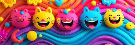 Vibrant geometric cats  playful and colorful feline figures against neon watercolor backdropの素材