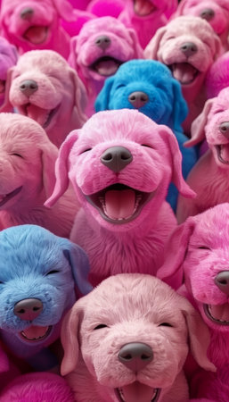 Vibrant neon watercolor background with playful geometric puppies in simple formsの素材