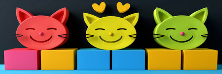 Colorful geometric cats on neon watercolor background  playful and simple artworkの素材