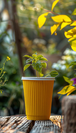 Vibrant Yellow Paper Cup with Thriving Plant on Rustic Wooden Surface, Promoting Sustainabilityの素材