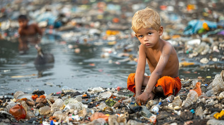 A Poverty Young Boy Without Shoes Sitting Amongst Pile Of Plastic Garbage At Slum Area.の素材