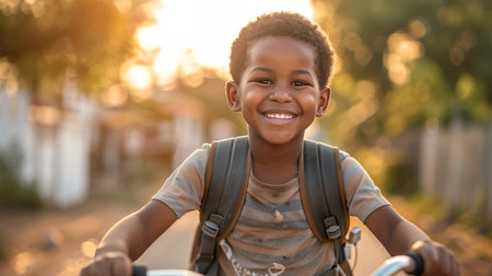Happy Young African American Boy with Backpack Riding Bicycle Outdoors. Back to School Conceptの素材