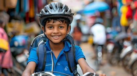 Portrait of young boy wearing helmet and backpack smiling on city street. School safety.の素材