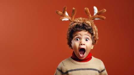 Surprised little boy wearing reindeer antlers holding gift box. Christmas holidays. Boxing Day shopping. Holiday shopping.の素材