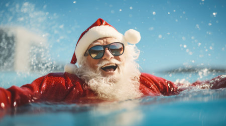 Santa Claus swim and relax in blue transparent pool water. Merry Christmas and Happy New Year travel destinations conceptの素材