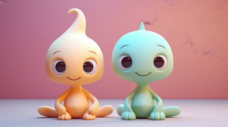 Two cute and colorful cartoon monsters with big eyes, perfect for kids storybooks.の素材