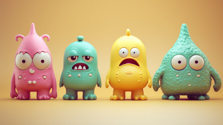 Four cute and colorful cartoon monsters with big eyes, perfect for kids storybooks.の素材