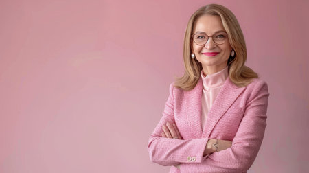 Confident Senior Businesswoman with Crossed Arms Portrait, Pink Background. Studio Shotの素材
