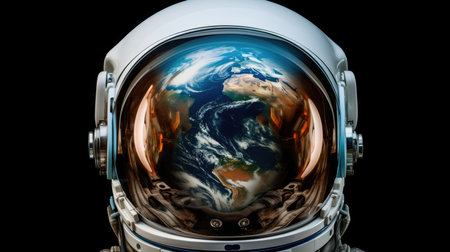 Astronaut helmet with the reflection of the planet Earth and stars in the visor.の素材