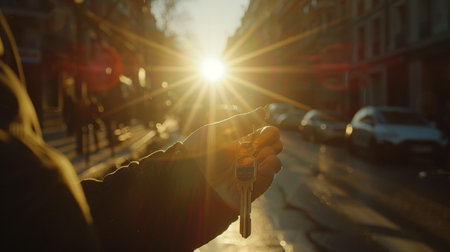 Hand holding car keys under bright sun flare, ready to unlock vehicle in stunning lightの素材