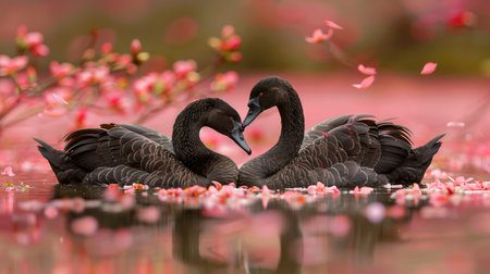 Swans gracefully shaping heart by pink trees on serene lake with blurred flower petals in foregroundの素材