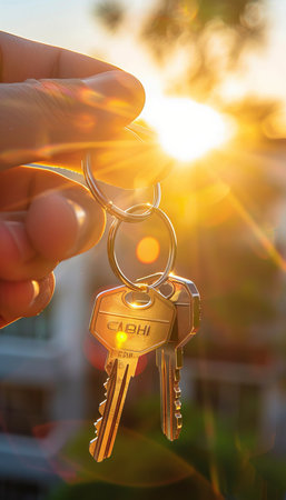 Hand holding house keys with blurred home in background and sun flares creating a radiant glowの素材