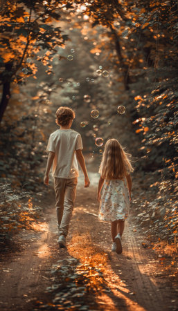 Children happily blowing colorful bubbles in a sunny outdoor setting filled with joy and laughterの素材