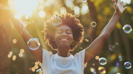 Elderly african american woman happily playing with colorful bubbles outdoors in sunny settingの素材