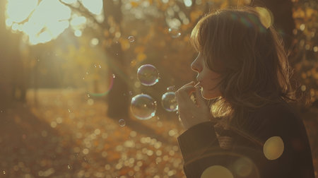 Cheerful woman blows colorful bubbles gracefully in sunny outdoor setting, creating a joyful sceneの素材