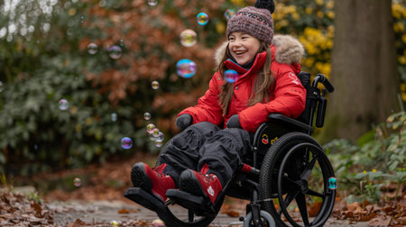 Joyful woman in wheelchair playing with vibrant bubbles outdoors in sunny settingの素材
