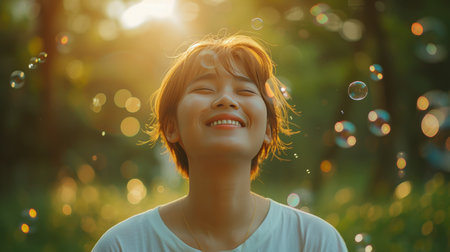 Cheerful asian woman happily playing with colorful bubbles outdoors in sunlit settingの素材