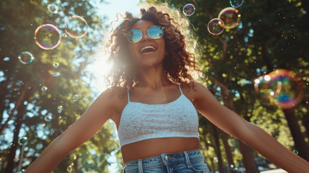 Woman on crutches happily plays with colorful bubbles outdoors, exuding joy in sunny setting.の素材