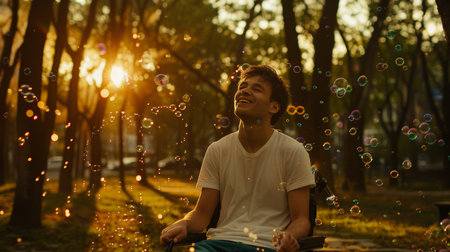 Joyful man in wheelchair playing with colorful bubbles in sunny outdoor environmentの素材