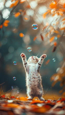Playful white cat with heterochromia playing with colorful bubbles in a sunny outdoor settingの素材