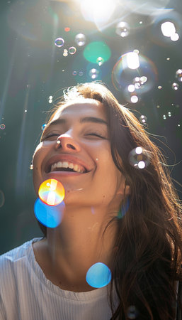 Cheerful woman with crutches playing with colorful bubbles in sunny outdoor settingの素材
