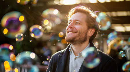 Smiling man on crutches enjoys playing with vibrant bubbles in a sunlit outdoor environmentの素材