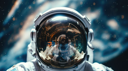 Astronaut helmet with the reflection of the planet Earth and stars in the visorの素材