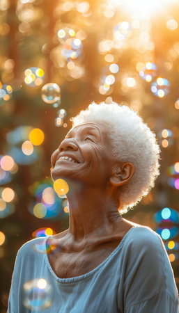 Joyful elderly african american woman playing with colorful bubbles outdoors in sunlightの素材
