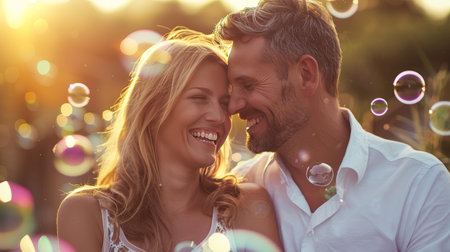Cheerful couple creating colorful moments playing with bubbles outdoors under the vibrant sunの素材