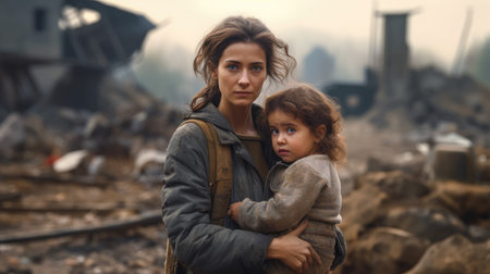Heartwarming Image of a Mother Embracing Her Baby Amidst the Devastation of a War-Torn Cityの素材