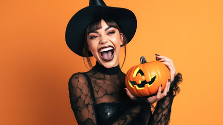 Cheerful young woman in a black witch hat smiling with a jack-o-lantern on an orange backgroundの素材