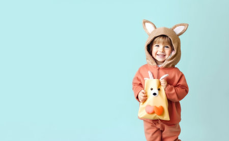 Cheerful young child in a cozy fox costume with a joyful expression against a bright blue backgroundの素材