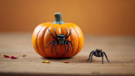 Small black jumping spider on an orange pumpkin with a blurred background.の素材