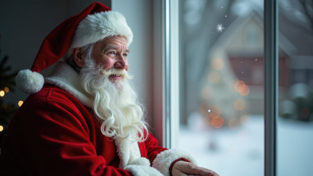 Santa Claus gazing out the window on Christmas Eve with his sack full of presents and Christmas treeの素材